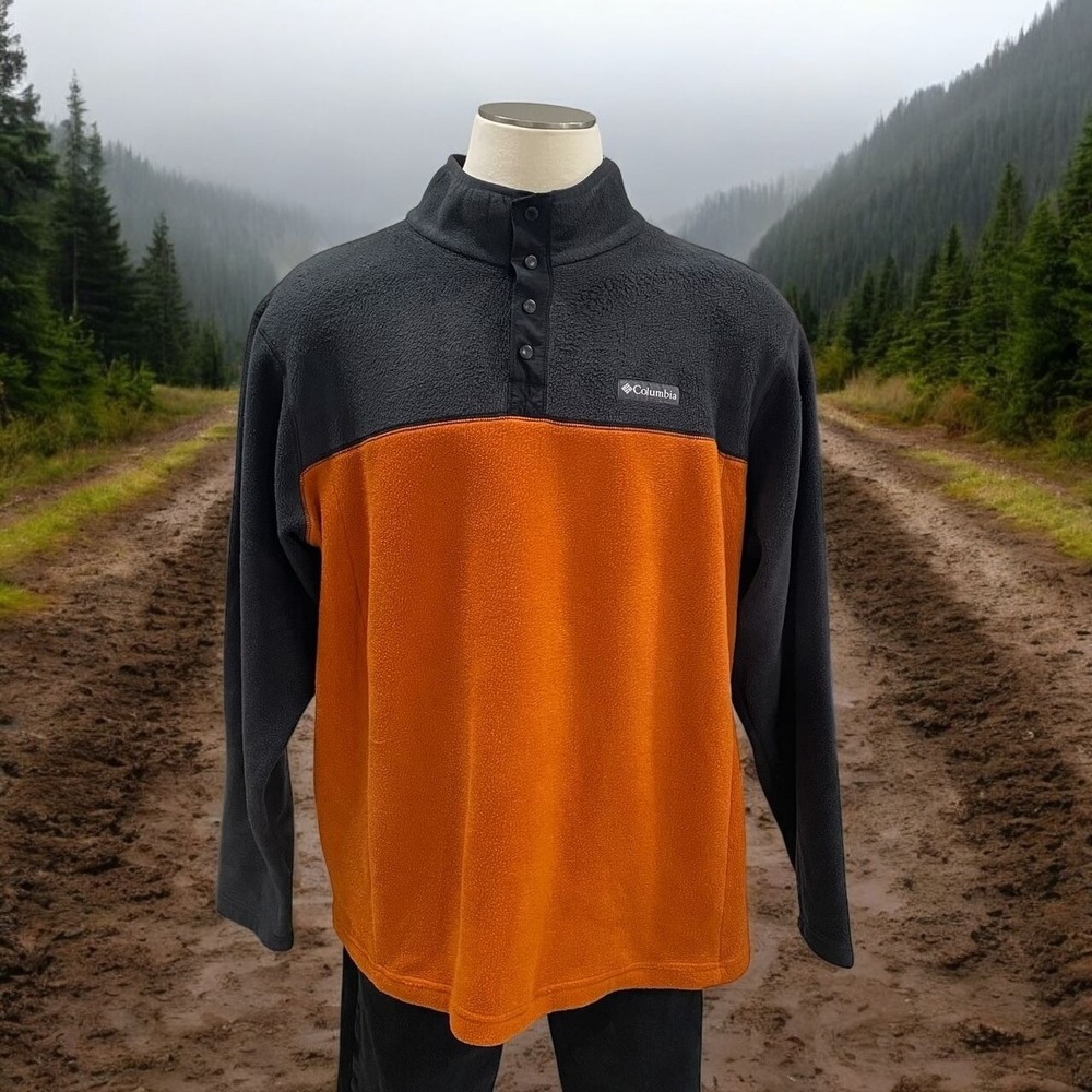 Columbia Mens XXL Snap Pullover Fleece Jacket Orange Black Outdoor Hiking Casual